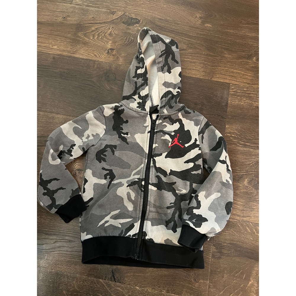 Jordan Boys Grey Camo Full Zip Hoodie Red Jumpman Logo Fleece Sweatshirt 4T